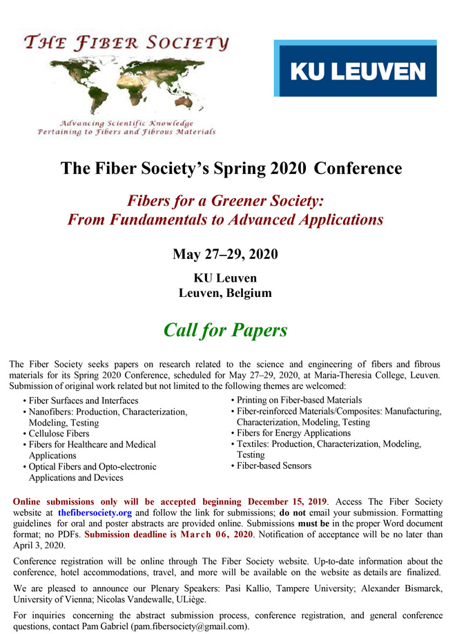 Spring 2020 Fiber Society Conference Call For Papers Spring 2020 Fiber Society Conference Call For Papers